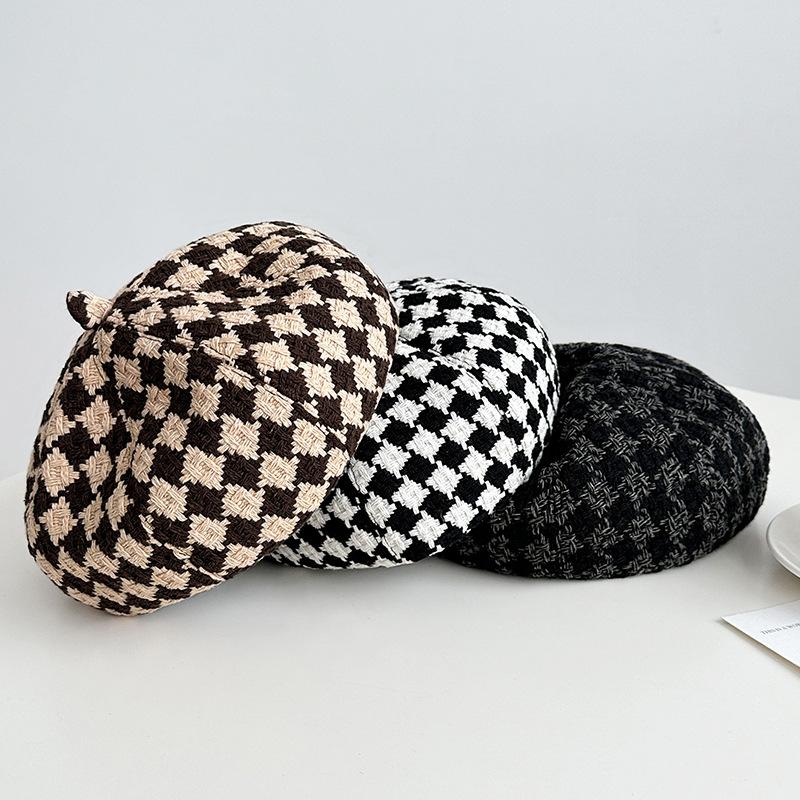 Hat Women's Fashionable and Versatile Houndstooth Beret Women's Early Autumn Face Showing Little Painter's Hat Simple Temperament Pumpkin Hat