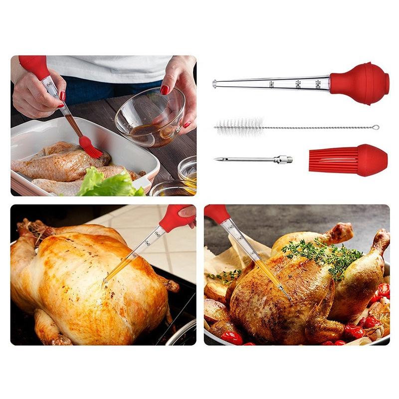 1pc Silicone Turkey Seasoning Pump Turkey Needle Barbecue Tool Silicone Drip Oil Seasoning Tube with Cleaning Brush