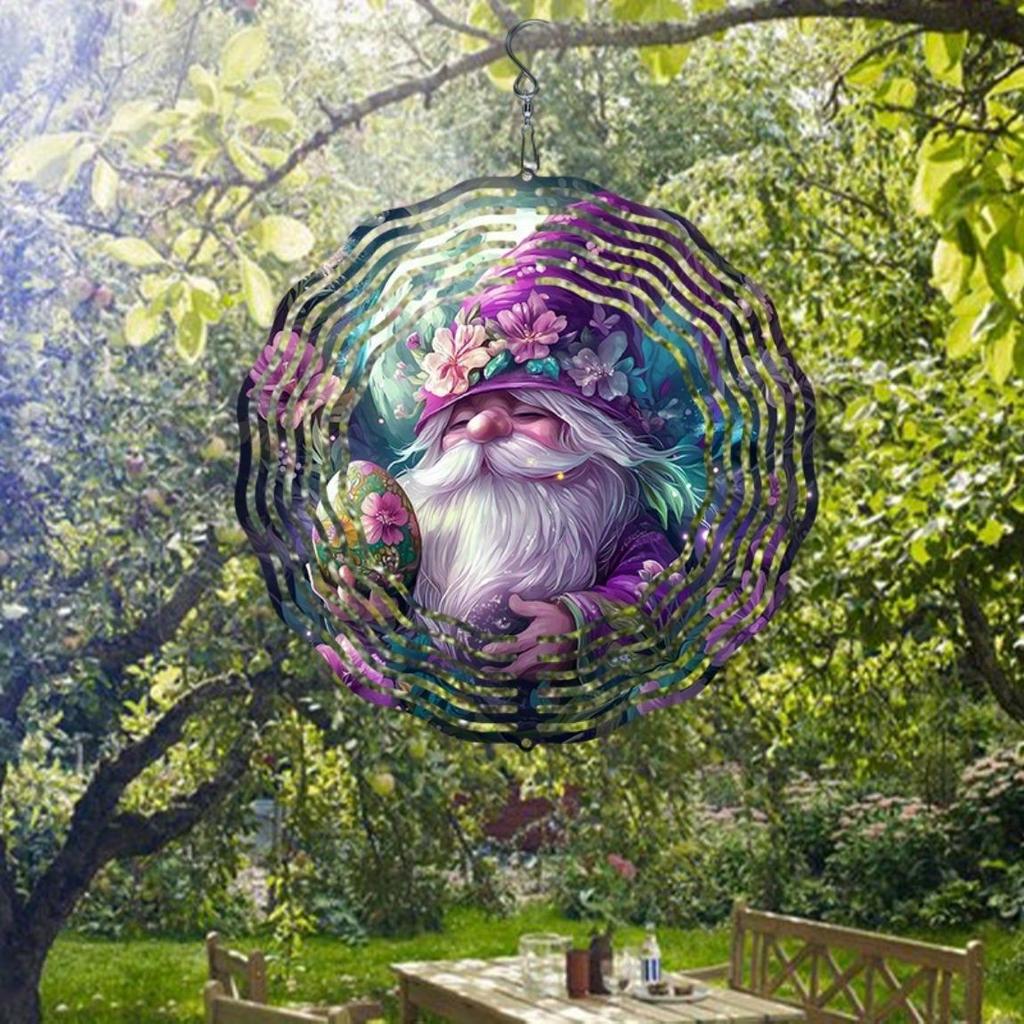 Enchanting Purple Gnome Wind Chime Outdoor Decor Rotating Kinetic Art Moonlit Garden Floral Easter Egg Design Patio Lawn Gift