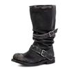 2025 Autumn/winter New Long Leg Women's Boots Round Toe,Pleated Belt Buckle Thick Heel, Western Cowboy Boots, Mid Women Boots