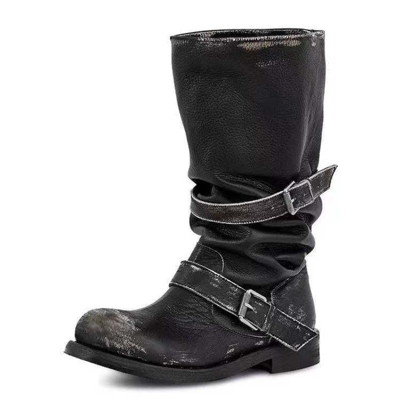 2025 Autumn/winter New Long Leg Women's Boots Round Toe,Pleated Belt Buckle Thick Heel, Western Cowboy Boots, Mid Women Boots