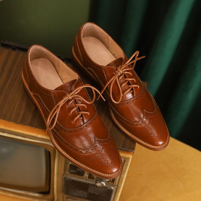 Autumn Women Shoes Retro Oxford For Woman Genuine Leather Flats Brogues Lace Up Casual Chelsea Shoes Rubber Brown