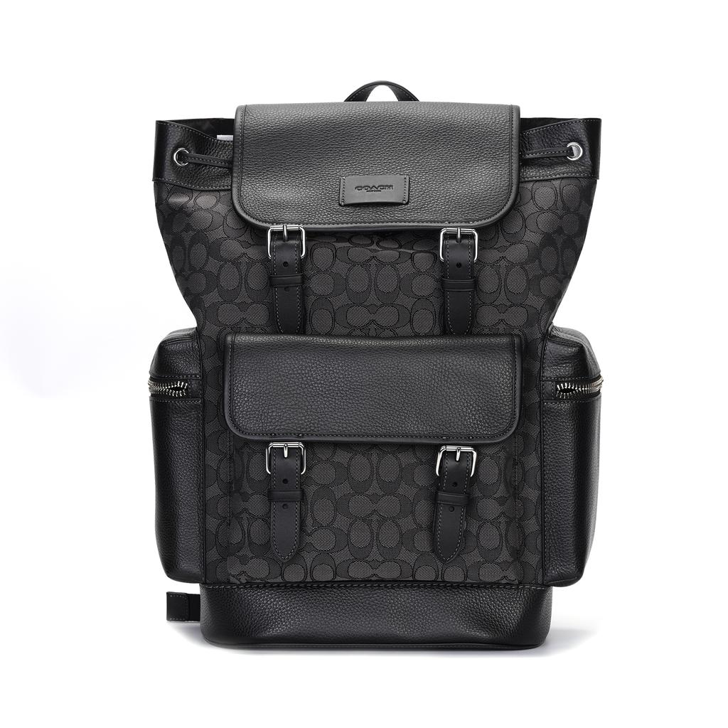 Coach Sprint 29 Drawstring And Buckle Closure Leather And Fabric Backpack Large Men Backpack Charcoal-Gray Black CT016-SVO1U