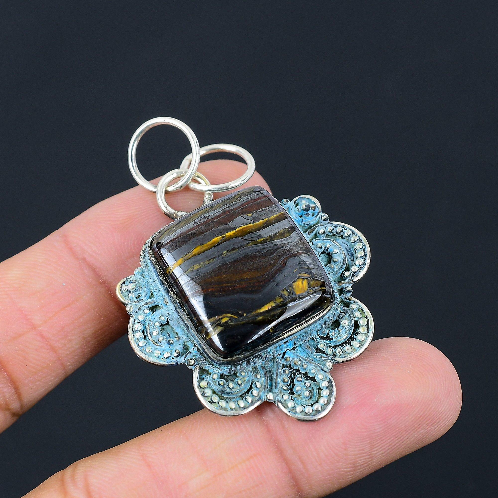 Cushion Natural Iron Tiger Eye 925 Silver Daughter Birthday Boho Unique Pendant