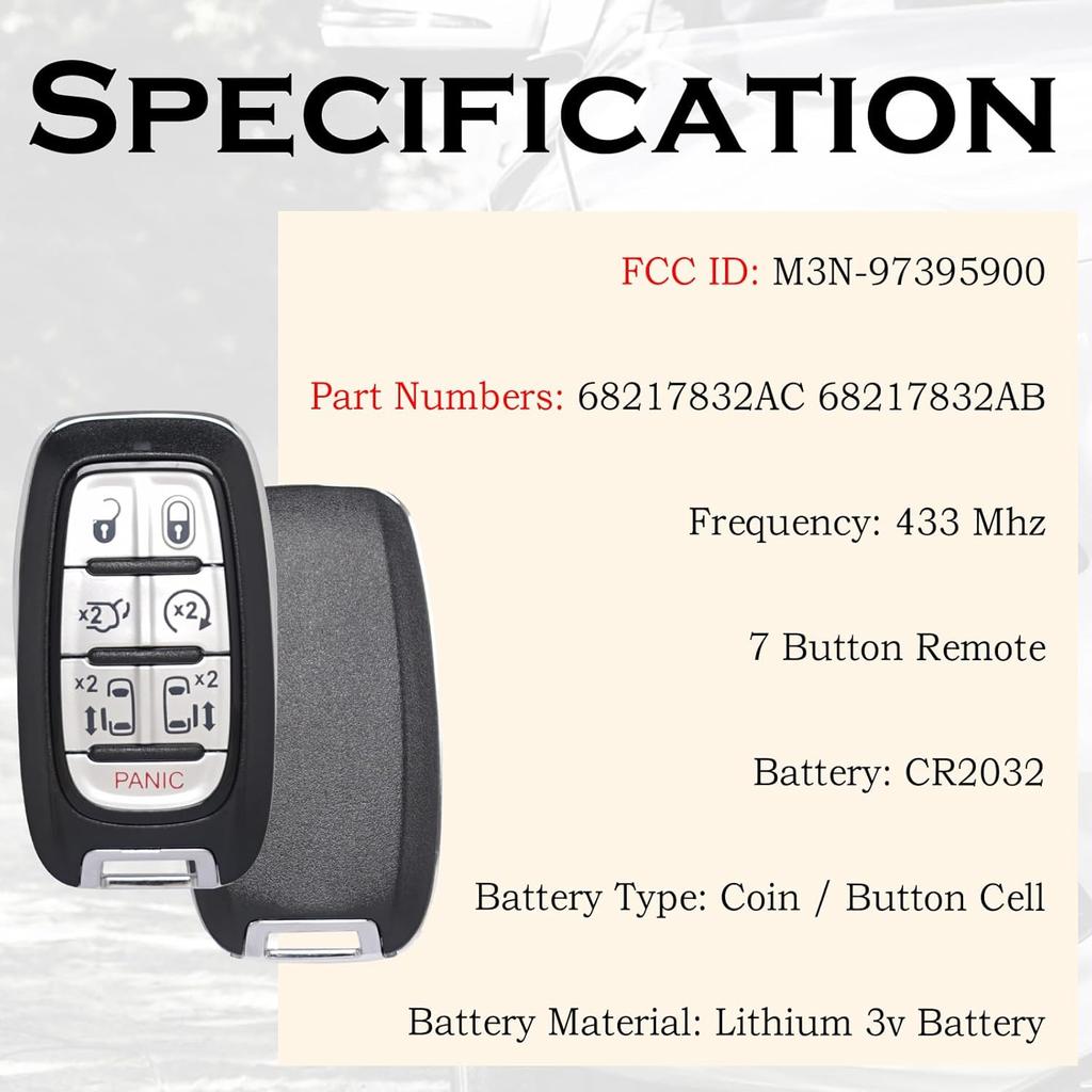 Key Fob Replacement Fits for Chrysler Pacifica 2017 2018      2024 Voyager -2024 Proximity Smart Keyless Entry Remote Control M3N-97395900 68217832AC