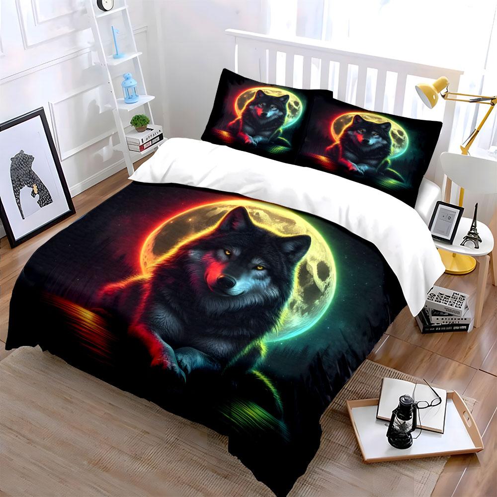 Wolf with Colorful Moonlit Night Print Bedding Set 1 Duvet Cover 2 Pillowcases for Adult and Children Luxury Gift Full Size