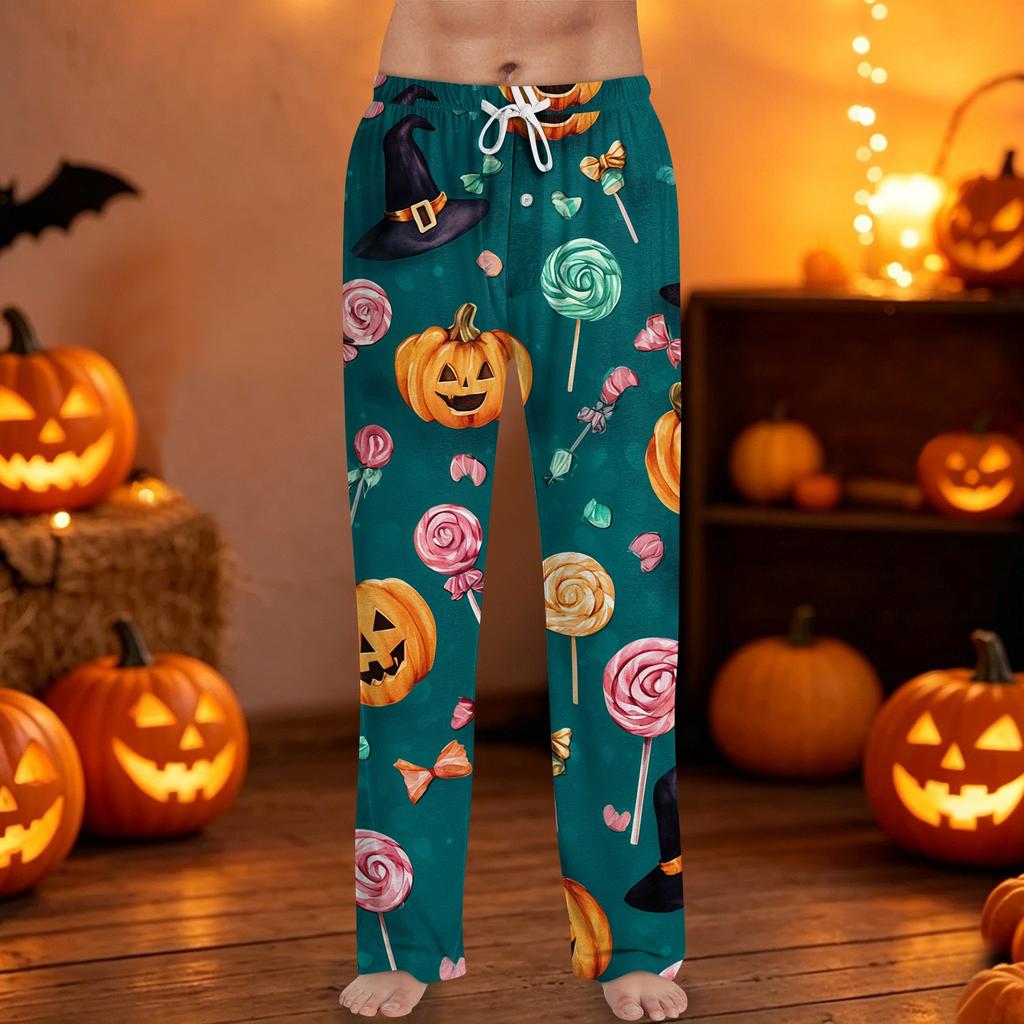 Men's Halloween Print Drawstring Pants Casual Lounge Sleepwear Bottoms with Elastic Waistband and Straight Leg Fit for Indoor and Outdoor Use