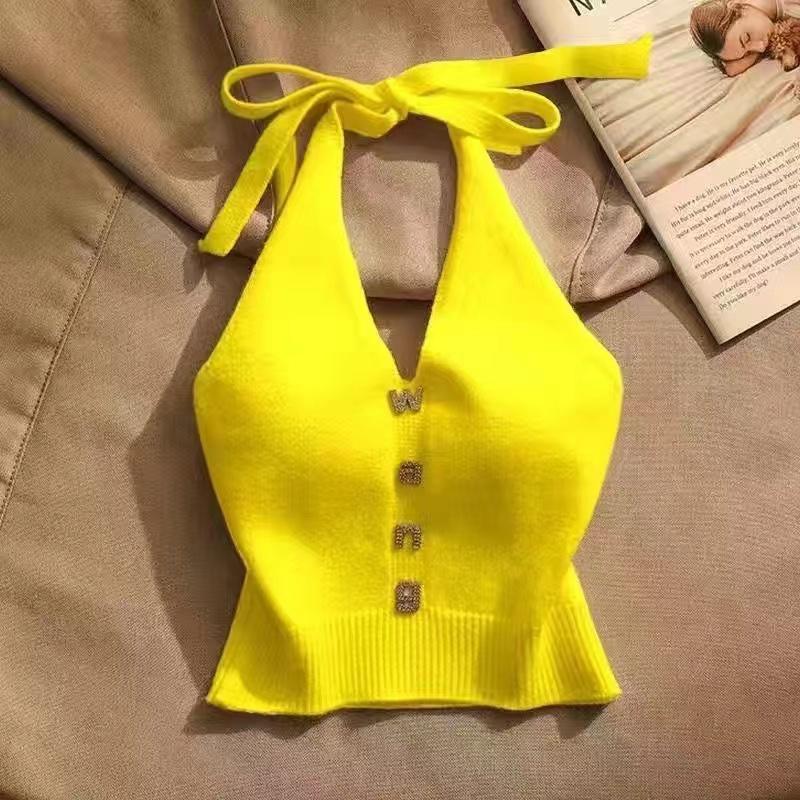 Summer Chic Hang Neck Sexy Knitted Suspender Girl Sweet Style Lace Up Backless Tops New Design Casual Fashion Camis Chic Clothing