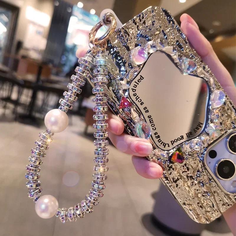 Diamond Pendant Phone Lanyard Universal Lanyard Anti-lost Luxury Diamond-encrusted Wrist Chain Short Pearl Diamond Ring Strap