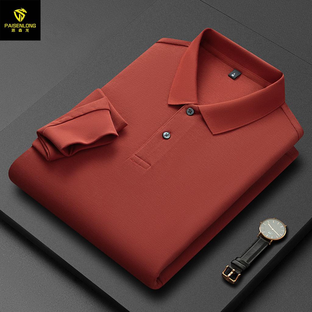 Autumn And Winter Lapel Slit Men'S Polo Shirt 100% Pure Cotton Hexagonal Beads Double-Sided Men'S Polo Shirt Long Sleeve