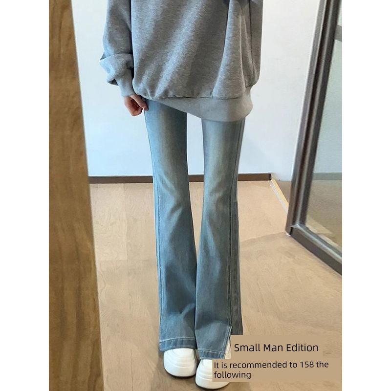 Dark Blue Slit-Flare Jeans for Women, New Spring Style for Plus-Size Girls, Pear-Shaped Body, High-Waisted, Slimming Flared Pants