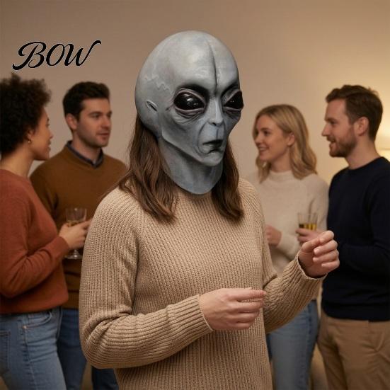 Detailed Alien Cosplay Accessory Halloween Grey Mask, Latex Full Head UFO Mask with Big Adult Costume Eyes, Soft Sci Fi Party Prop for Adults,