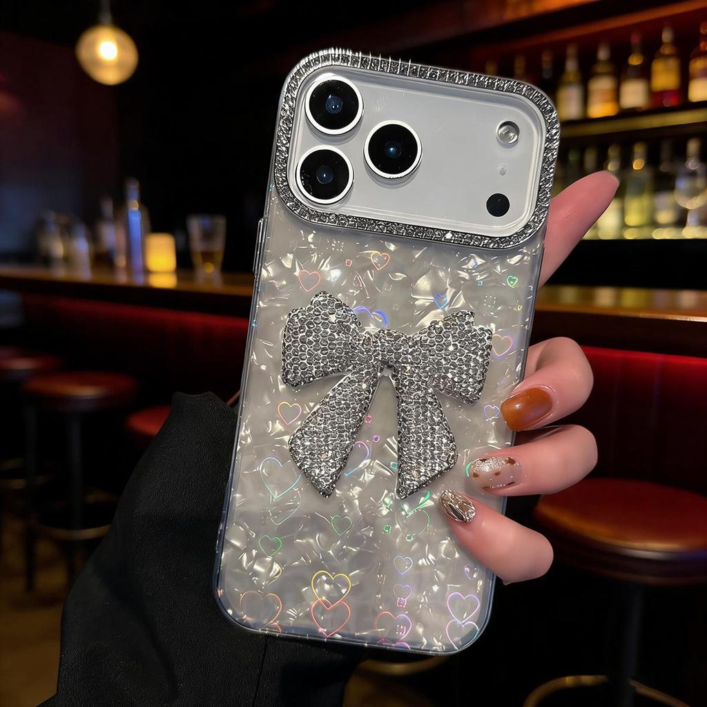 iPhone 17 Heart Shell Rhinestone Bow Case, Soft Luxury Cover