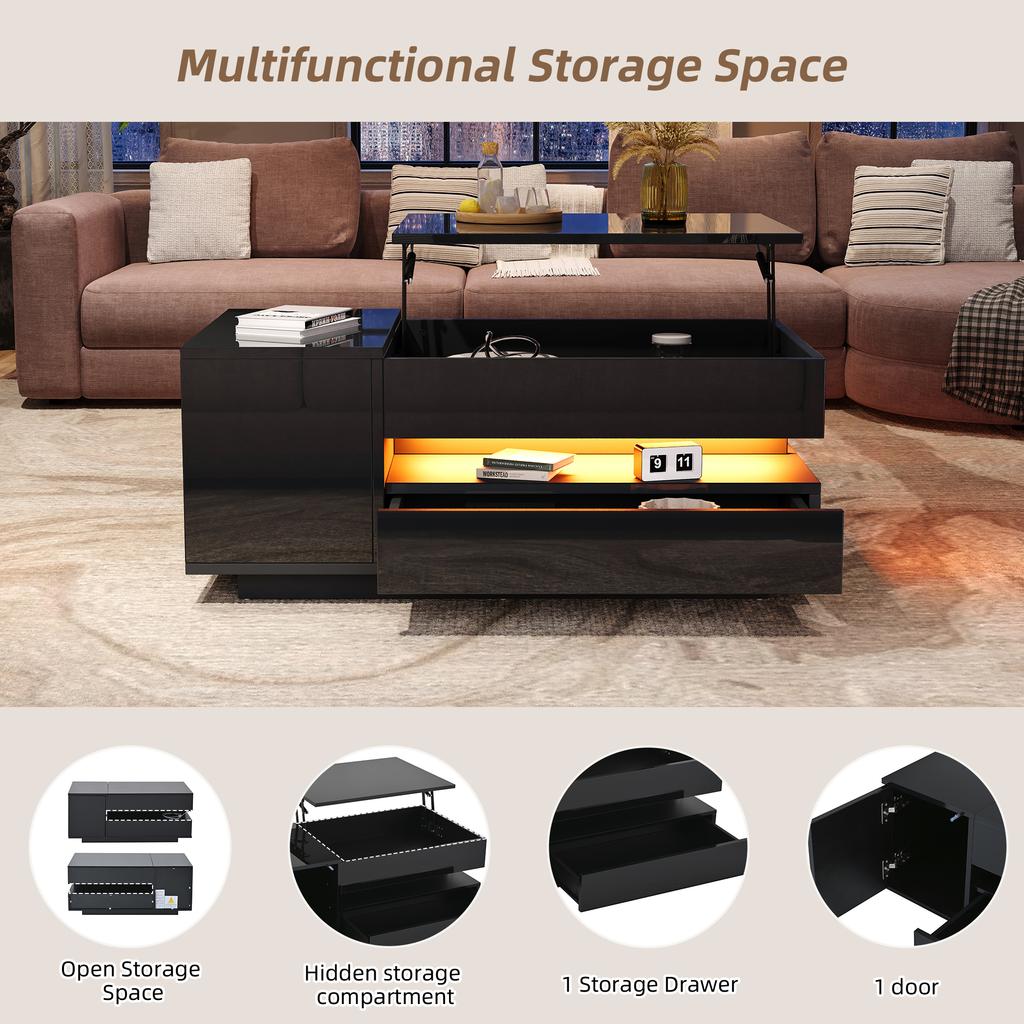 Mesa de centro elevable de 95*50*40 cm con 1 cajón, 1 armario, LED, Alto brillo, Almacenamiento oculto, Almacenamiento semiabierto, Negro