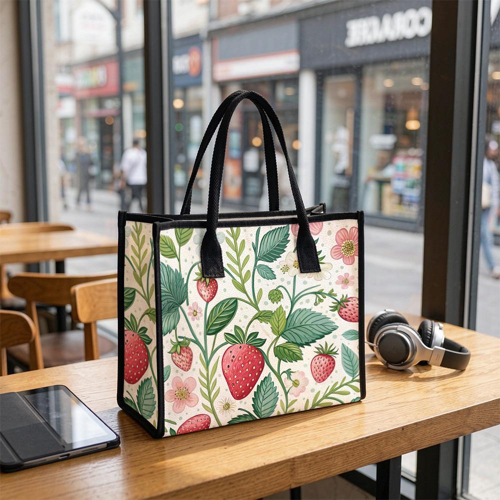 Cute Strawberry Floral Print Tote Bag Casual Large Capacity Shopping Carry Bag for Daily Use
