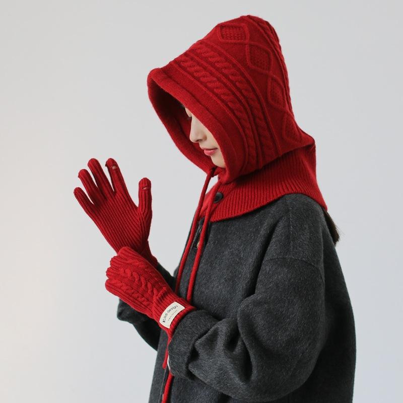 Wool Knitted Balaclava with Neck Scarf Integrated Hat Gloves Autumn and Winter Neck Protection Fashionable Red