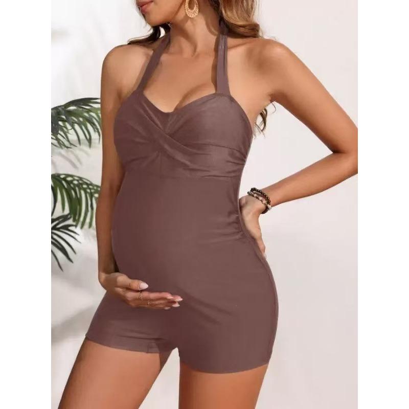 2026 Pregnant Women's Swimwear - One-piece Flat Front Swim Suit with Neck Tie and Concealed Stomach Coverage for Slimming Effect