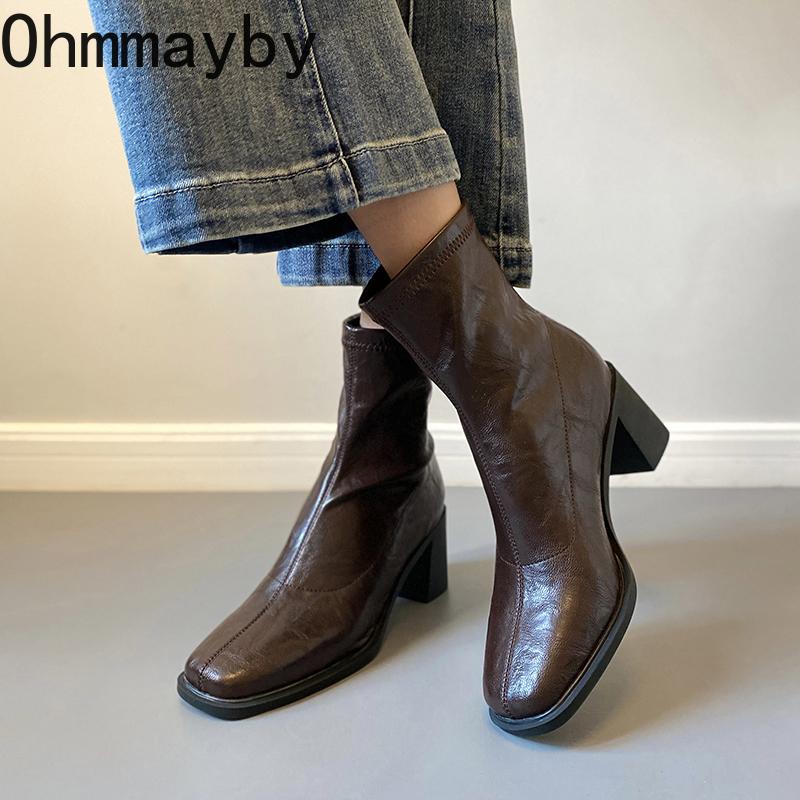 Autumn Vintage Elastic Slim Women Ankle Boots Fashion Soft Leather Shoes Ladies Elegant Thick Heel Mordern Short Booties