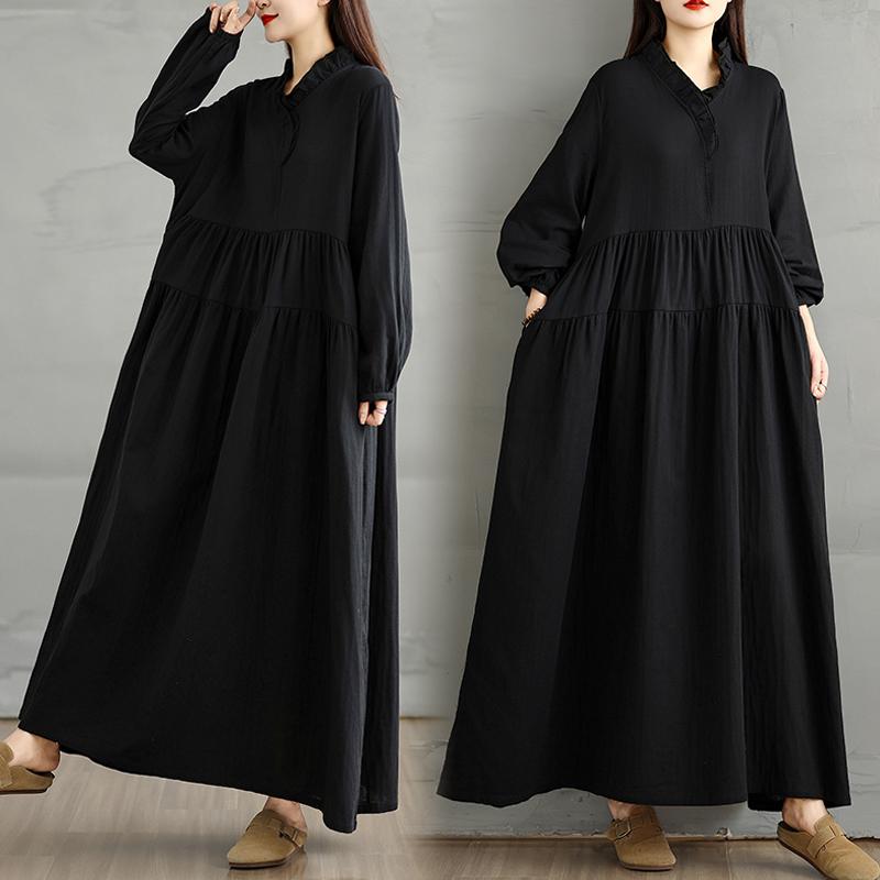 DIMANAF 2025 Women Plus Size Autumn Long Dress Loose Vintage Casual Oversize Long Sleeve Maxi Vintage Dress Black