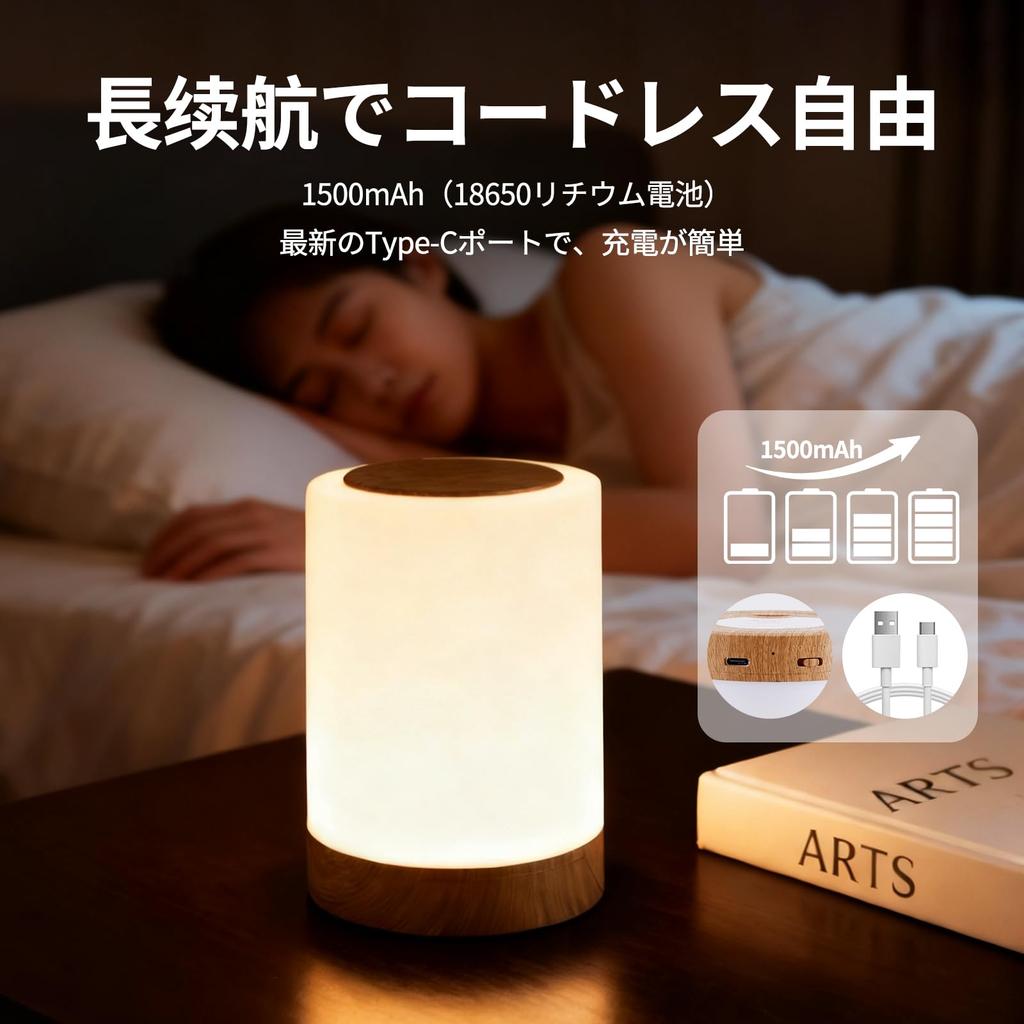 BOLITE Nursing Light Bedside Lamp Type-C Rechargeable High Capacity 1500mAh (Wood Grain Finish)
