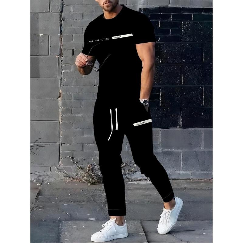 Letter Print Men's Autumn Warm Suit, Black And Brown Short-sleeved Top + Long Pants, Fashionable And Casual Two-piece Set