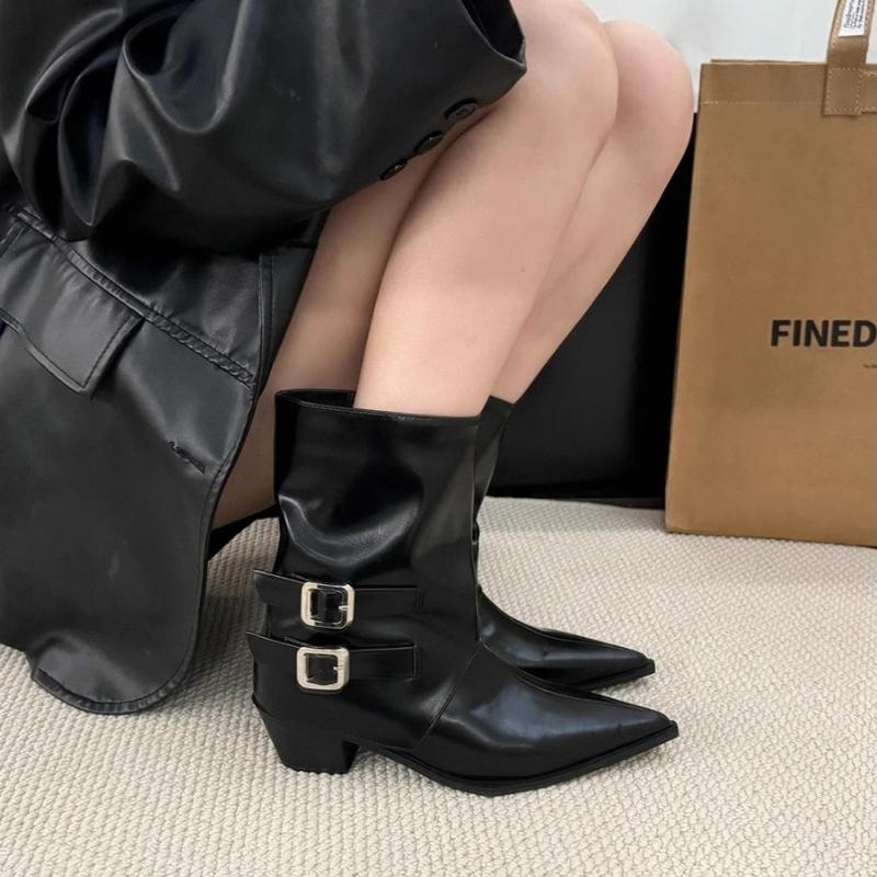 Winter Pointed Toe Thick Heel Women Ankle Boots Elegant Back Belt Buckle Slip On Shoes Street Style Party Short Botas Mujer