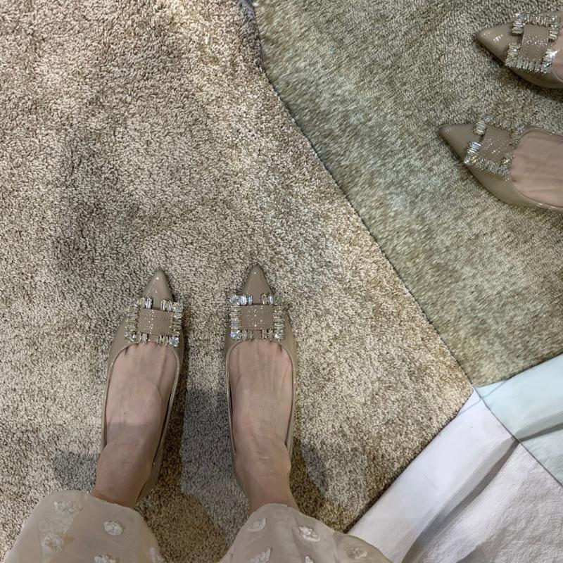 Large size pointed single shoes women's spring and summer new versatile rhinestone late evening breeze gentle laden shoes soft leather soft bottom fl