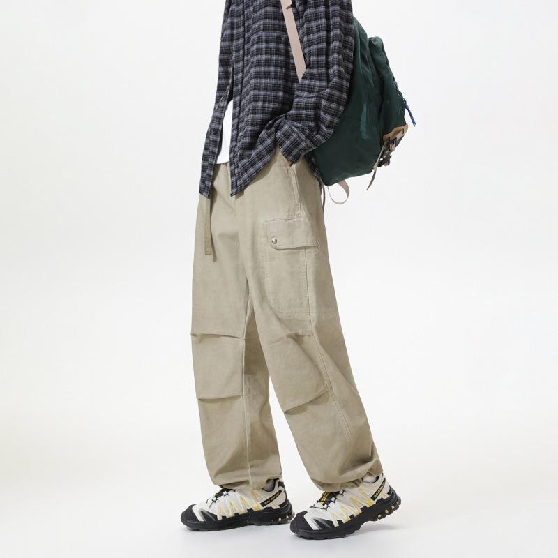 Autumn and winter elastic pure cotton overalls wear-resistant multi-bag fashion simple paratrooper pants men's loose straight wide-leg casual pants