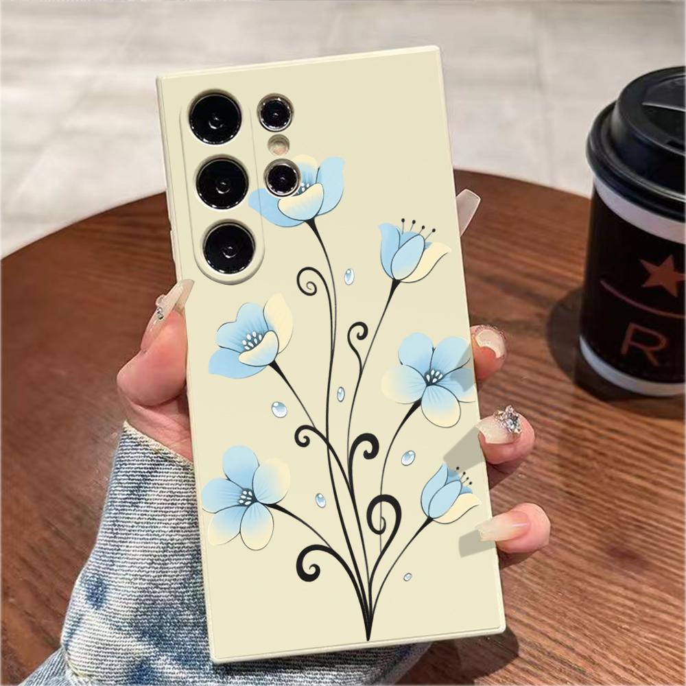 Blue Flower with Curly Stems For Samsung Galaxy S25 S24 Ultra S23 S22 S21 S20 FE Plus Note 10 20 Lite Protection TPU Cover