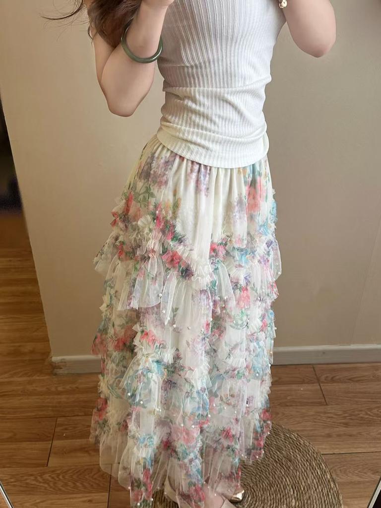 Reinforcement Nail Pearl Patchwork Printed Mesh Cake Dress Half Skirt for Girls New Hollow Out Long Dress