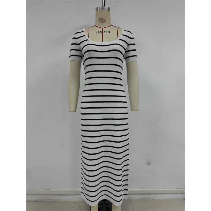Women's Summer Sexy Knitted Striped Splicing Short Sleeve U Neck Long Dress