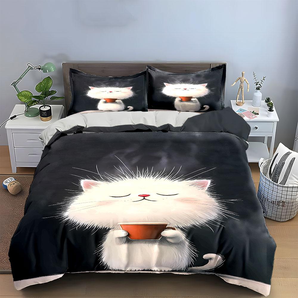 Cute Cat Trio Decor Set Soft Skin-Friendly Bedding Set Includes 1 Duvet Cover And 2 Pillowcase Gift