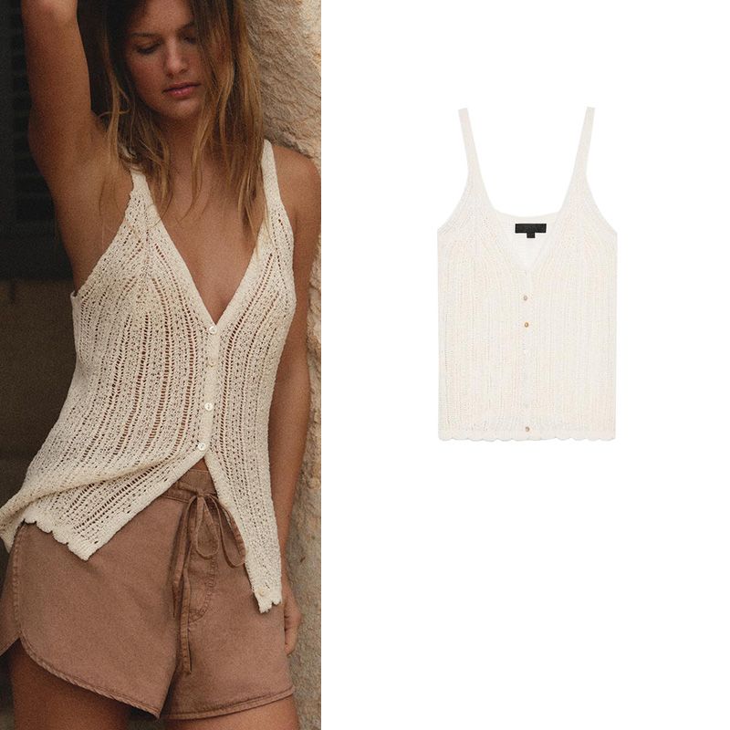 Summer New Product Women's Clothes Ins Style Decorated Row Button V-neck Brace Cut Out Fashion Knit Top 3646007