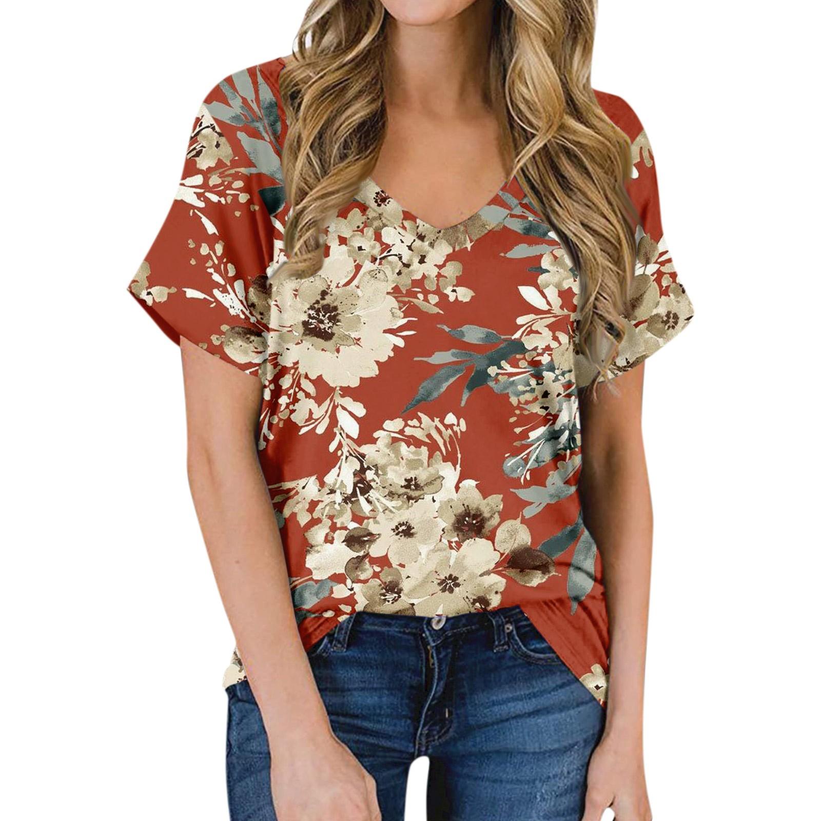

Женская летняя модная повседневная блузка с V-образным вырезом и коротким рукавом с принтом XL красный