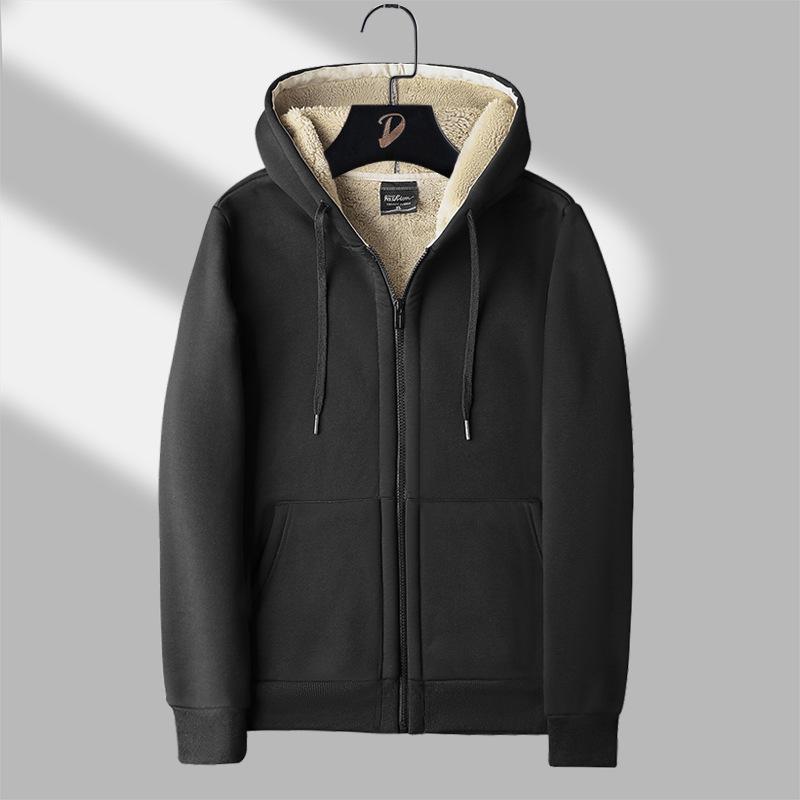 Men's Plush Lamb Fleece Hooded Sweatshirt - Thick, Loose, Warm Cardigan for Autumn and Winter Sports Leisure