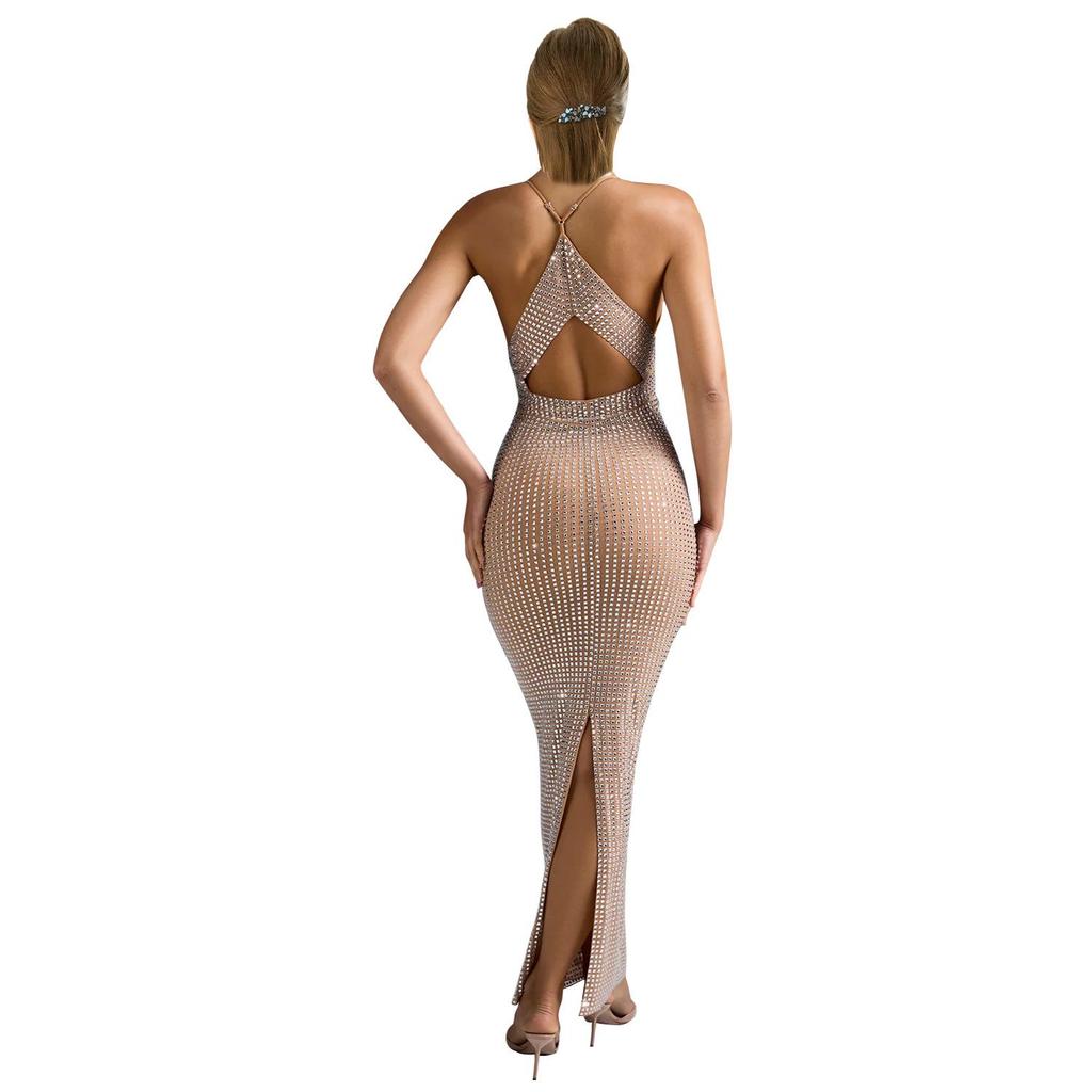 Robe longue sans manches à col en V ornée de strass - Mode féminine européenne et américaine (C6963)