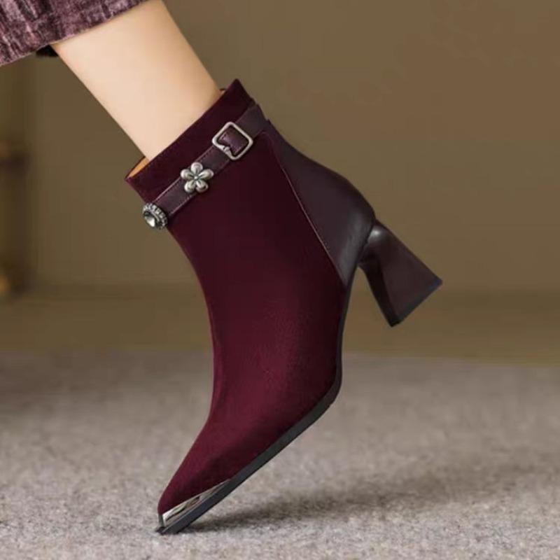 Square Heel Metal Buckle Booties Fashion Pointed Toe Rear Zipper Anti-slip Wear-resistant Single Shoes