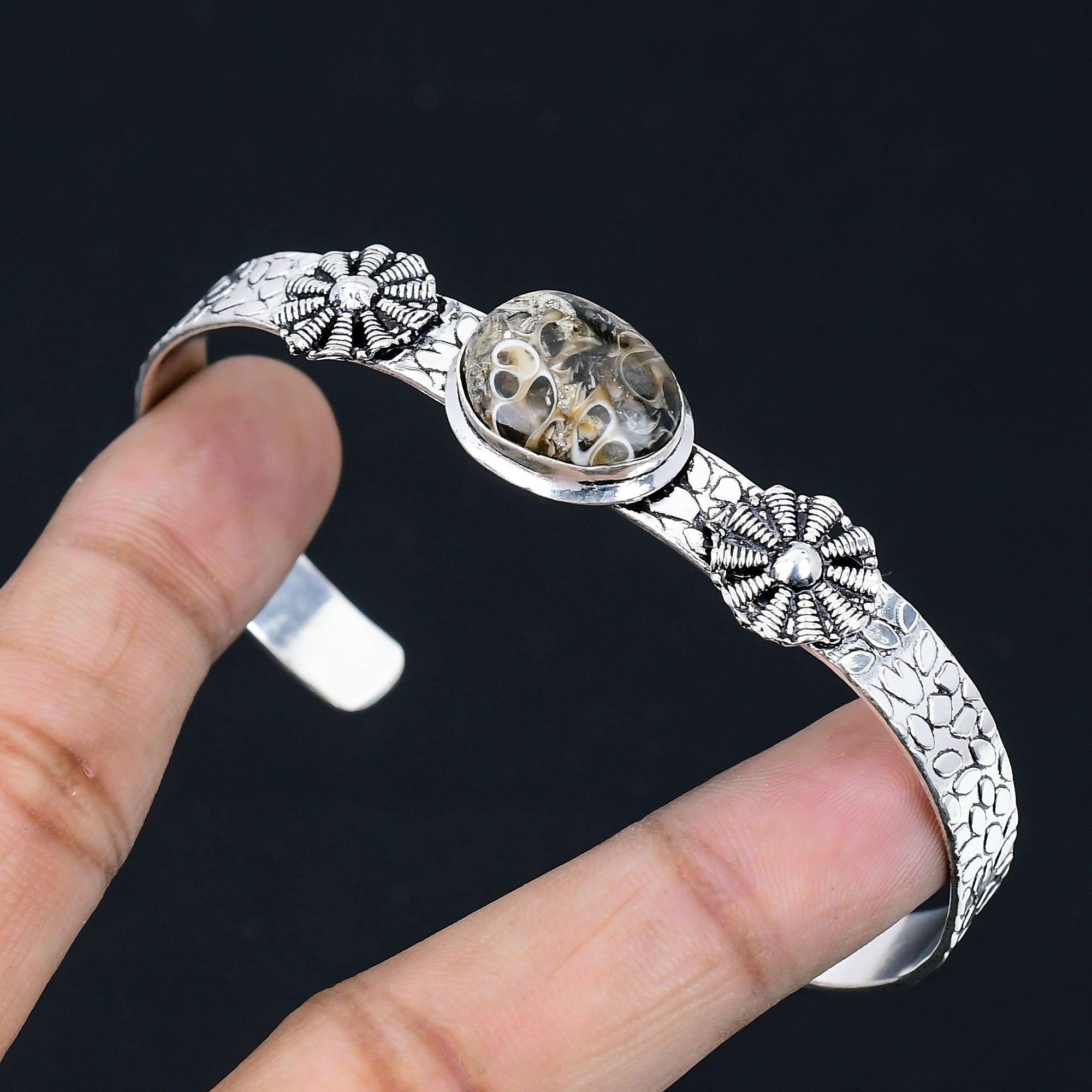 

Daughters Day Sale Oval Natural Turritella Agate Sterling Silver Bangle Bracelet Adjustable