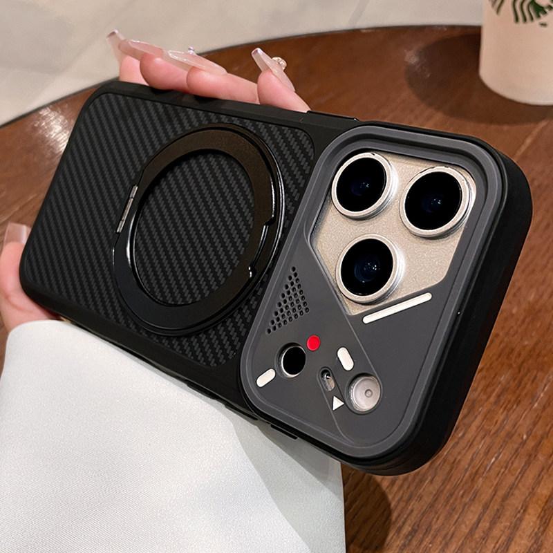 Business Carbon Fiber 360 Magnetic Stand Holder Case for iPhone 17 Air 16 14 15 Plus 13 12 11 Pro Max For Magsafe Slim Mat Cover