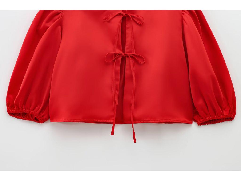 2025 Spring European & American Style Women's Satin Puff Sleeve Bow Top