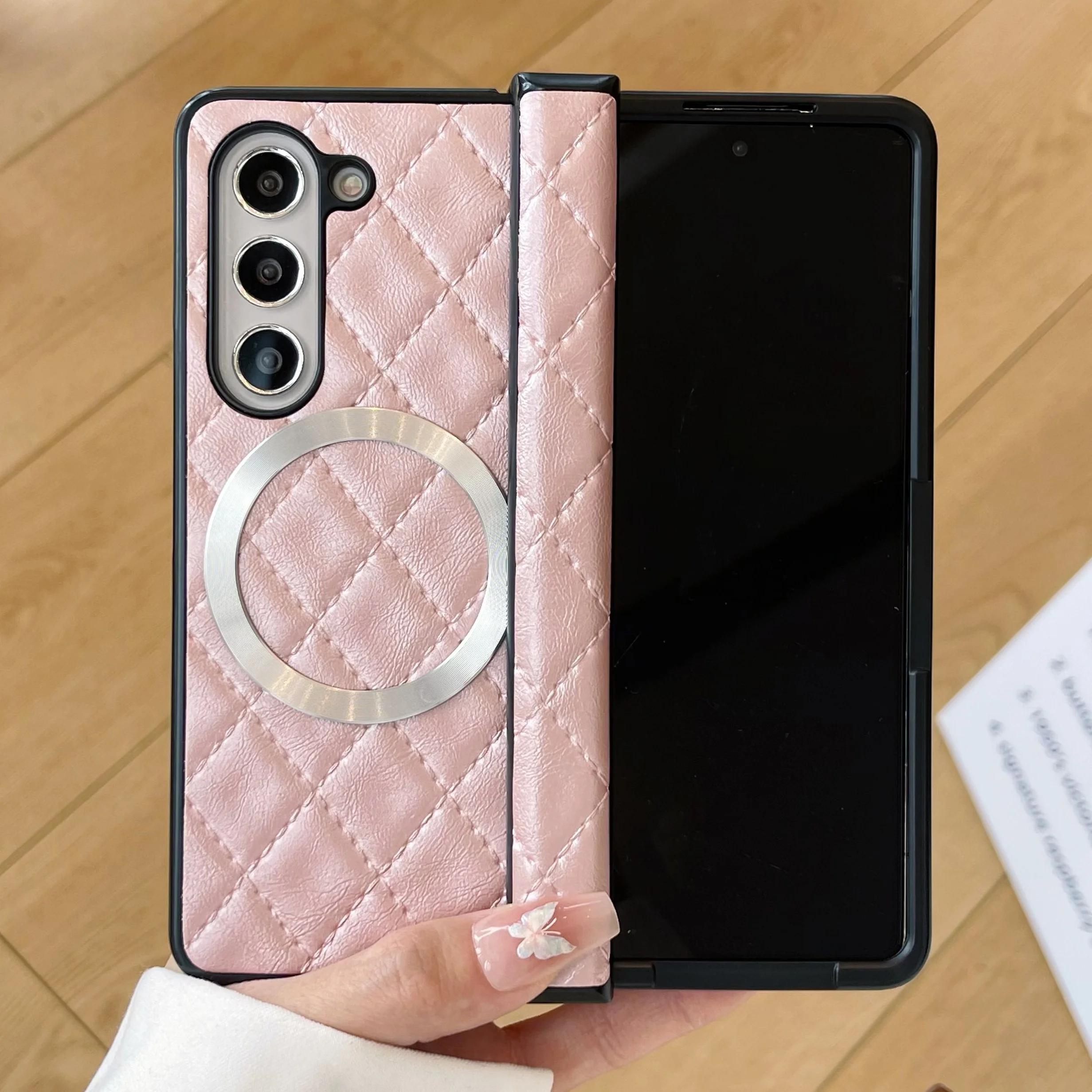 

Роскошный деловой ретро чехол-книжка из мягкой кожи на петлях для Samsung Z Fold 7 6 5 4 3, магнитная противоударная защитная задняя крышка Galaxy Z Fold4 розовый