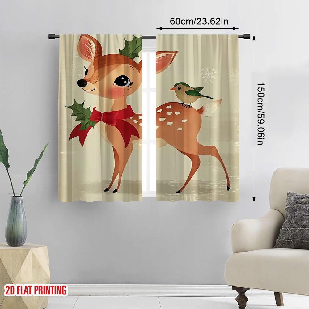 2pcs 2D flat printing Merry Christmas Popular Curtain Christmas reindeer Polyester Without Electricity Birthday Party for