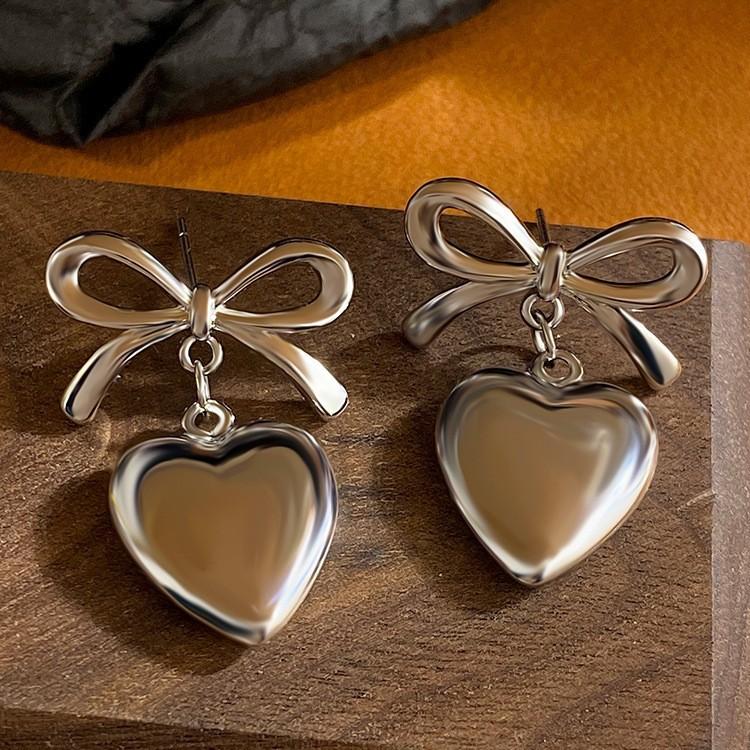 Golden Bow Heart Earrings Peach Heart Girl Heart Knot Earrings French Earrings