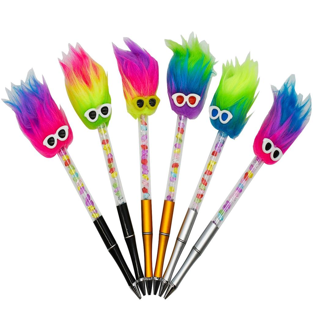 Maydahui Stylish Rainbow Plush Diamond Ballpoint Pen Blue 6 Pieces Cute Fluffy Colorful Fire Element Christmas Easy To Write Cute Student Gift 0.5mm