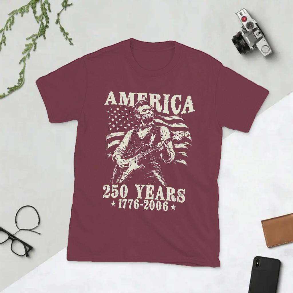 Abraham Lincoln Playing Guitar 4th July 250th Anniversary Unisex T Shirt Vintage Tees Short Sleeve TShirts Pure Cotton Clothing