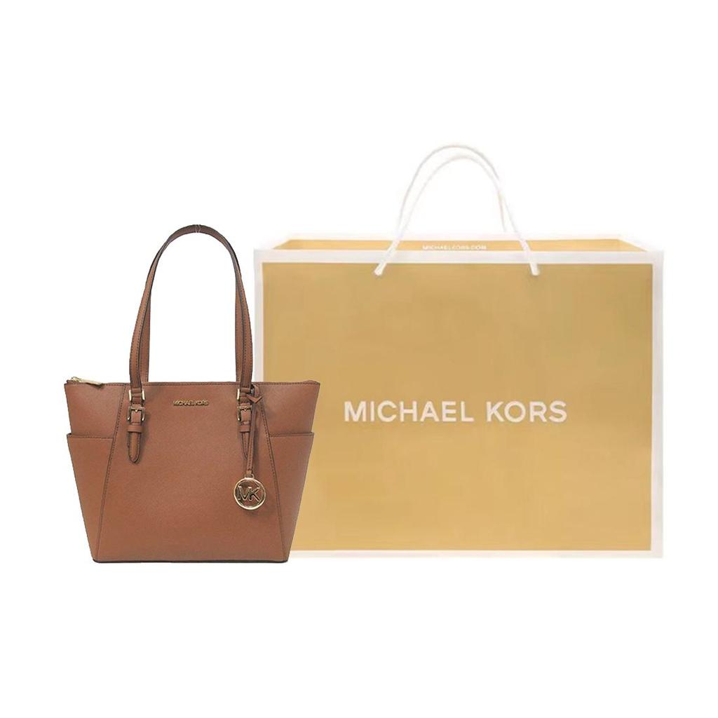 Michael Kors Mk Charlotte Vintage Solid Color Logo Pendant Large Capacity Leather Tote Bag Women tote bags Caramel-Brown 35T0GCFT7L-LUGGAGE