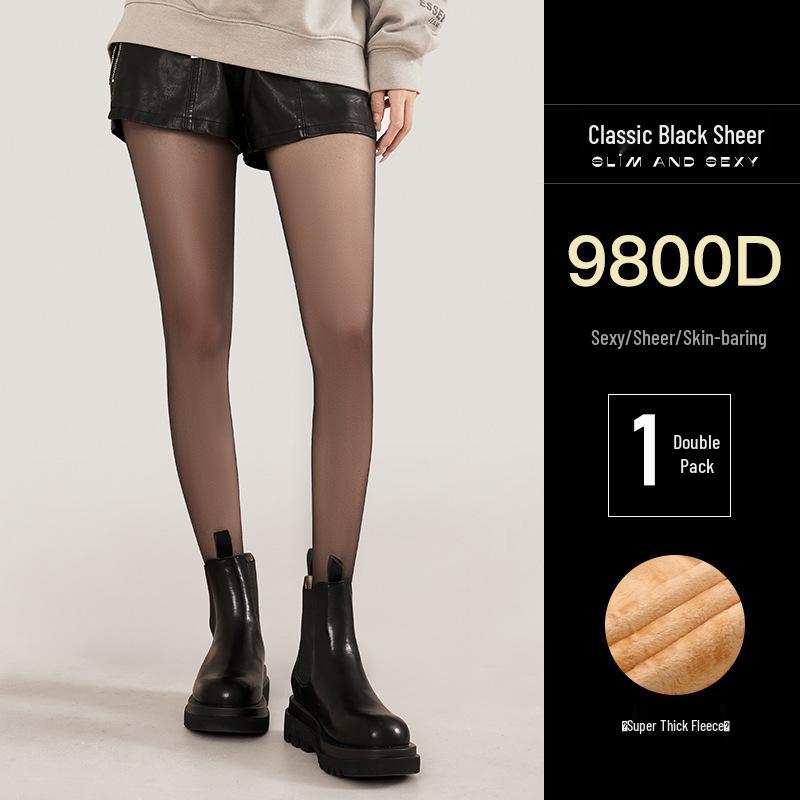 Bonas Black Sheer Fleece-Lined Nude-Feel Pantyhose - Thickened Winter Stockings