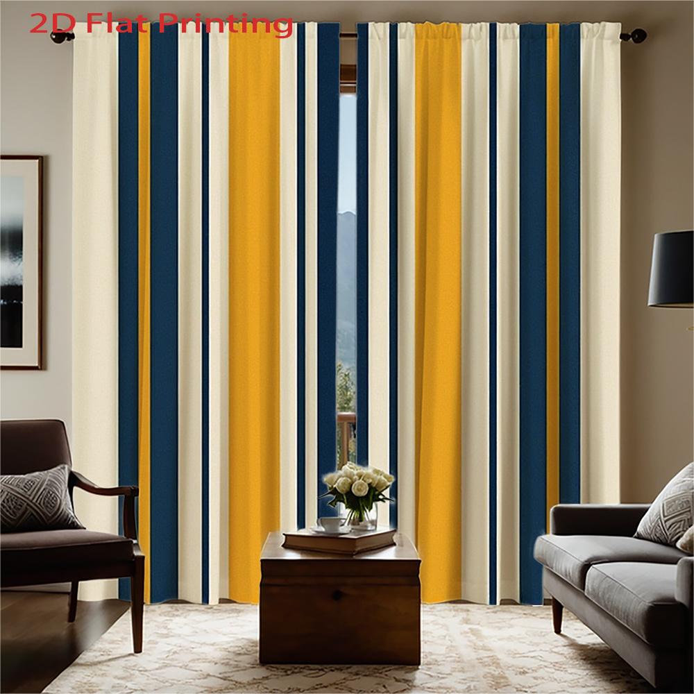 Set Of 2 Flat Printing Curtains Yellow Blue White Vertical Striped Pattern Us Style Polyester Fabric Windo Curtain With Rod Pocket