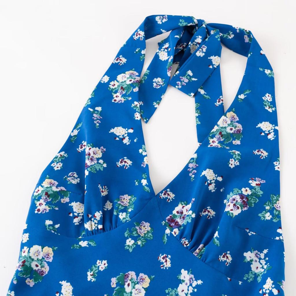 Seaside Vacation Wind Blue Bottom Floral Dress Women's Summer French V-neck Neck Temperament Thin Backless Dress