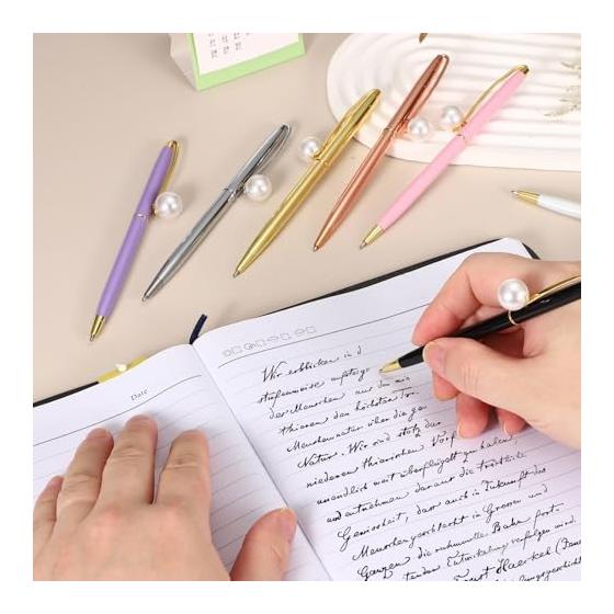 PATIKIL Pearl Embellished Metal Ballpoint Pens (Set of 2) 1.0mm for Wedding, Journaling, Gifts, Office Use, Purple